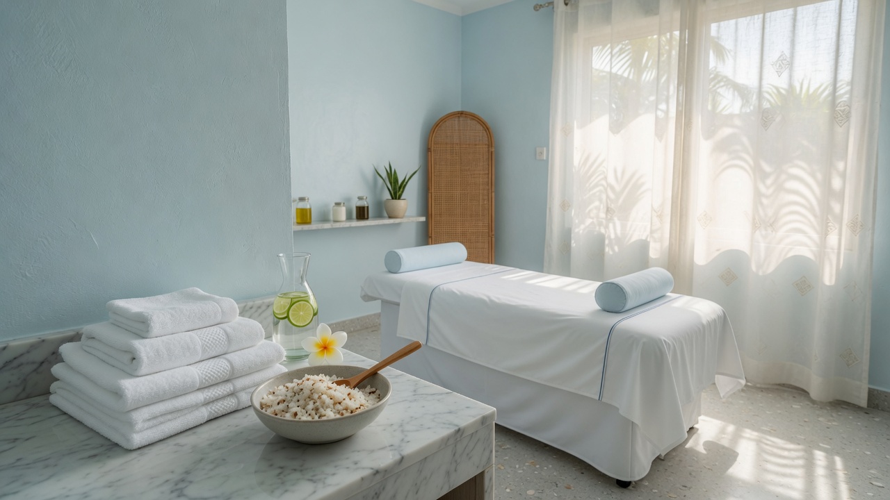 A bright treatment room with towels and a scrub bowl